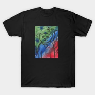 Cute Kitty Portrait in Green, Blue and Red T-Shirt